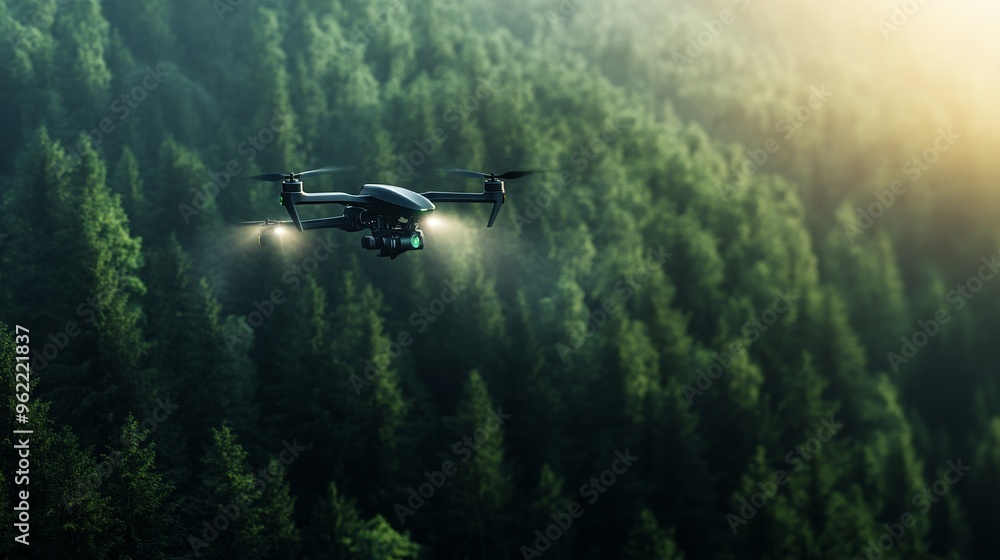 A powerful drone navigates through a dense forest, showcasing its ability to fly in challenging environments. The drone's advanced technology enables search and rescue missions, making it an invaluabl A powerful drone navigates through a dense forest, showcasing its ability to fly in challenging environments. The drone's advanced technology enables search and rescue missions, making it an invaluabl