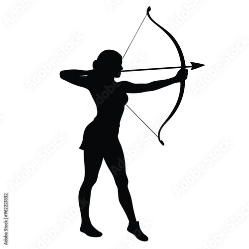 a female archer fighter in action pose, vividly capturing her holding a bow and arrow ready to strike, against an isolated white background 