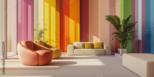 A 3D interior with rainbow-colored panels on the walls  arranged in a geometric pattern. The vibrant colors are balanced by minimalistic  neutral-colored furniture.