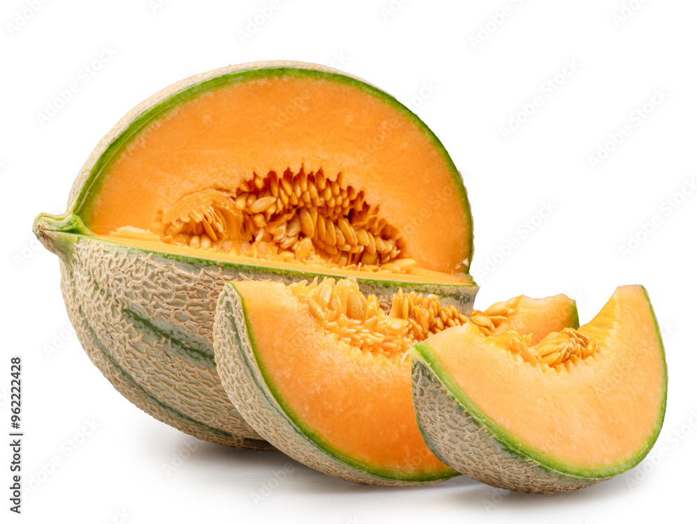 Cantaloupe melon and melon slices isolated on white background. File contains clipping path. Cantaloupe melon and melon slices isolated on white background. File contains clipping path.