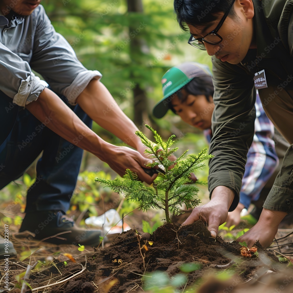 Fototapeta premium Three People Planting a Sapling in a Forest