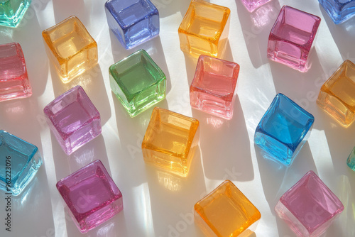 A playful collection of brightly colored cubes, some transparent, scattered loosely across a light glassy surface, with reflections of color beneath. photo