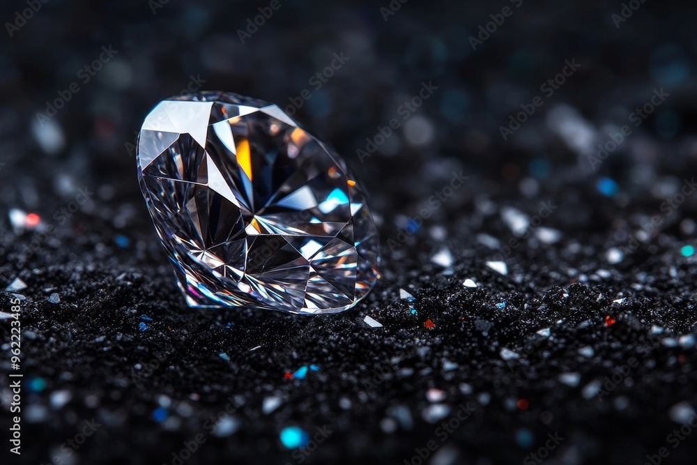 A single, brilliant diamond rests on a bed of black glitter. Its facets catch the light, creating a dazzling display of sparkle and brilliance. This image symbolizes luxury, wealth, beauty, and precio A single, brilliant diamond rests on a bed of black glitter. Its facets catch the light, creating a dazzling display of sparkle and brilliance. This image symbolizes luxury, wealth, beauty, and precio