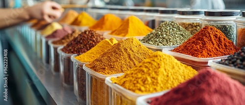 Vibrant Spice Powders in Transparent Containers at Spice Factory, Workers Filling and Sealing Jars with Colorful Ingredients