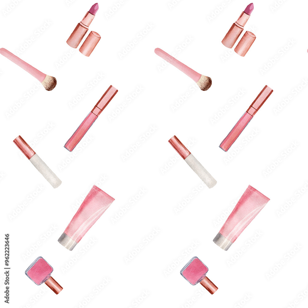 Seamless pattern with cosmetic products - nail polish, cosmetic brush, cream tube, lip gloss. Handmade watercolor illustration on white background Seamless pattern with cosmetic products - nail polish, cosmetic brush, cream tube, lip gloss. Handmade watercolor illustration on white background