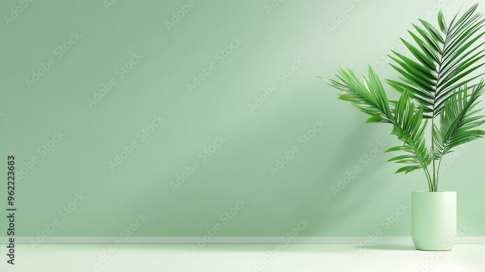 A simple and elegant background featuring a green wall and a potted palm plant. The image evokes feelings of serenity, freshness, and growth, perfect for minimal and modern designs. A simple and elegant background featuring a green wall and a potted palm plant. The image evokes feelings of serenity, freshness, and growth, perfect for minimal and modern designs.