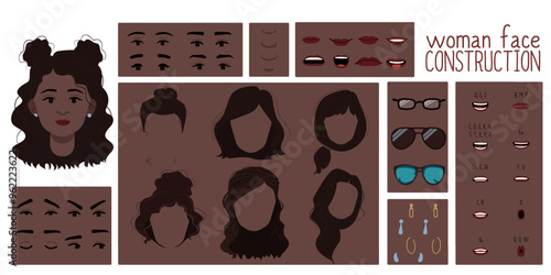 Brown skin colored female face constructor, avatar of woman character creation hairstyle, nose, eyes, eyebrows and lips. Cartoon set suitable for animation and lip sync speaking.