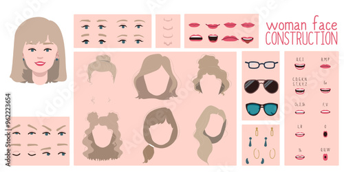 Female face constructor, avatar of woman character creation hairstyle, nose, eyes with eyebrows and lips. Cartoon set suitable for animation and lip sync speaking.	