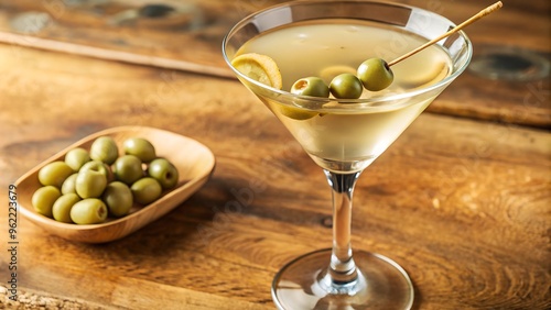 A Dirty Martini in a classic martini glass. The pale olive green liquid is slightly cloudy from olive brine. Garnished with green olives on a cocktail pick. Served chilled, near the rim of the glass photo