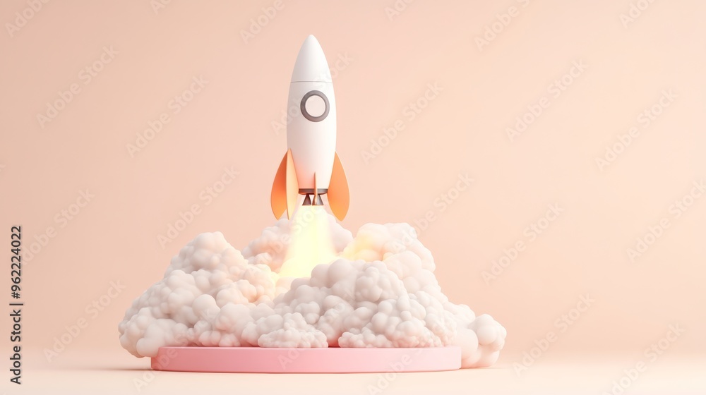 Fototapeta premium A modern rocketship launching from a pastel platform with soft clouds, symbolizing startup growth and new beginnings 3d