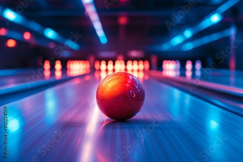 A single red bowling ball sits on a polished wooden lane, illuminated by vibrant neon blue and red lights, creating a striking contrast and a dynamic atmosphere.