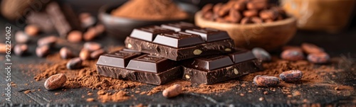 Chocolate bars and cocoa beans on a table with cocoa powder, world chocolate day