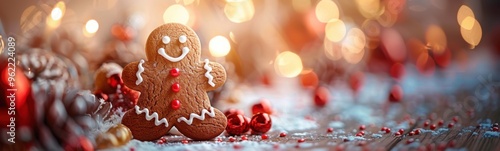 Gingerbread man standing in front of a christmas tree