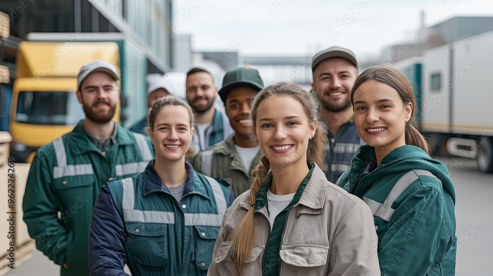 Diverse Team of Logistics Workers Smiling in Front of Trucks Diverse Team of Logistics Workers Smiling in Front of Trucks
