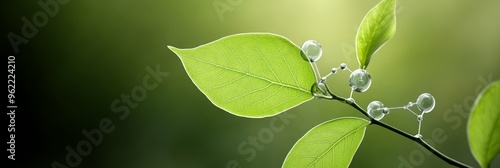 A single, vibrant green leaf with dew drops resembling scientific molecular structures. This image symbolizes the interconnectedness of nature, scientific discovery, and the beauty found in the natura