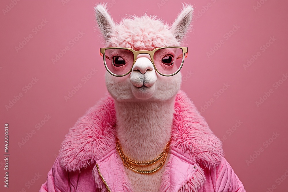 Obraz premium A fashionable llama dressed in pink attire with glasses poses against a vibrant pink background in a playful display