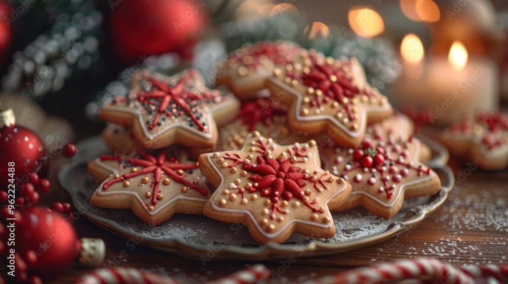 Christmas many cookies on a plate with decorations around them Christmas many cookies on a plate with decorations around them