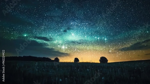  The sky is star-studded and the trees stand out as dark shapes against the grass and foliage in the background