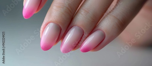 Healthy Nails Manicure A Girl Shows A Beautiful Manicure The Main Pink Color With A Transition To Light Gray And A Contour Along The Edges Of The Nails photo