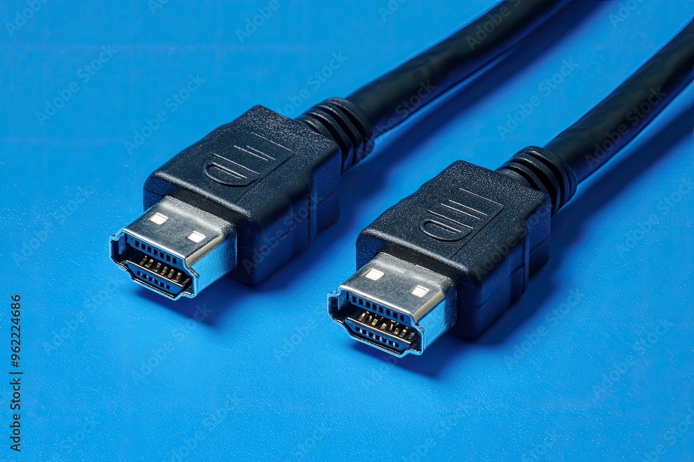 Two black HDMI cables close-up. This photo can be used for tech blogs or websites discussing audio-video connections. Two black HDMI cables close-up. This photo can be used for tech blogs or websites discussing audio-video connections.