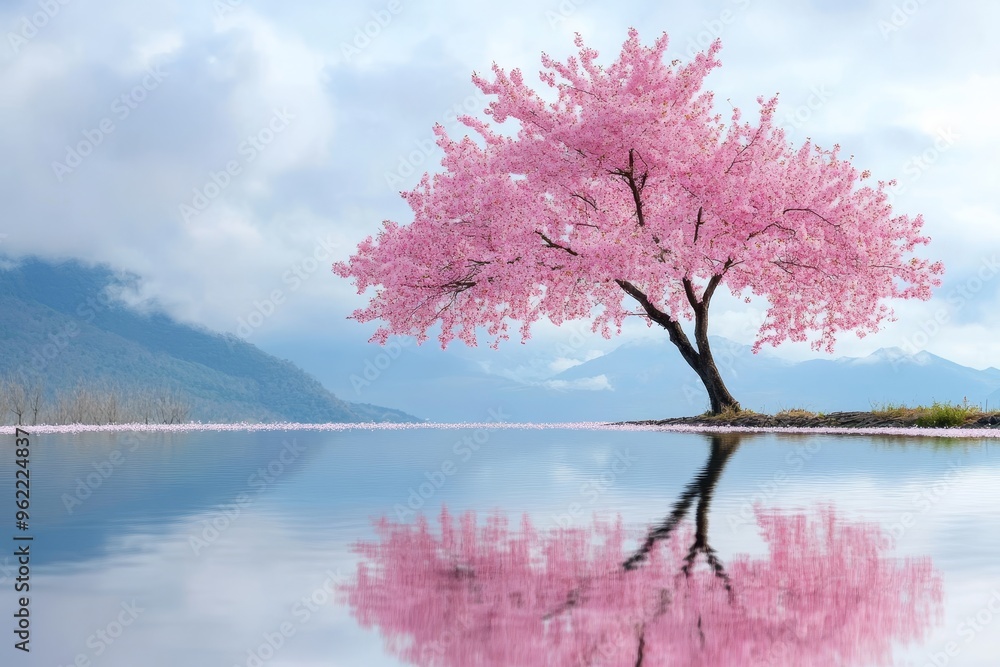 Fototapeta premium A solitary cherry blossom tree with delicate pink flowers stands gracefully on the edge of a still lake. Its reflection mirrors the beauty above, creating a perfect symmetrical scene. The image symbol