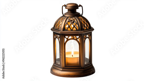 Vintage Lantern with Candle - Isolated on White Background