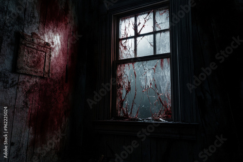 A sinister, dark room with a single broken window, blood-streaked walls, and a faint glowing light in the corner.