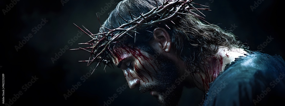 Jesus with a crown of thorns on his head, in side view, against a dark background Jesus with a crown of thorns on his head, in side view, against a dark background