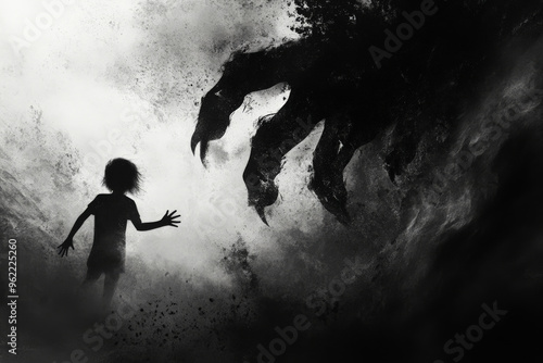 A nightmare of falling through a dark void, with shadowy hands reaching out from the abyss, trying to pull the child deeper. photo