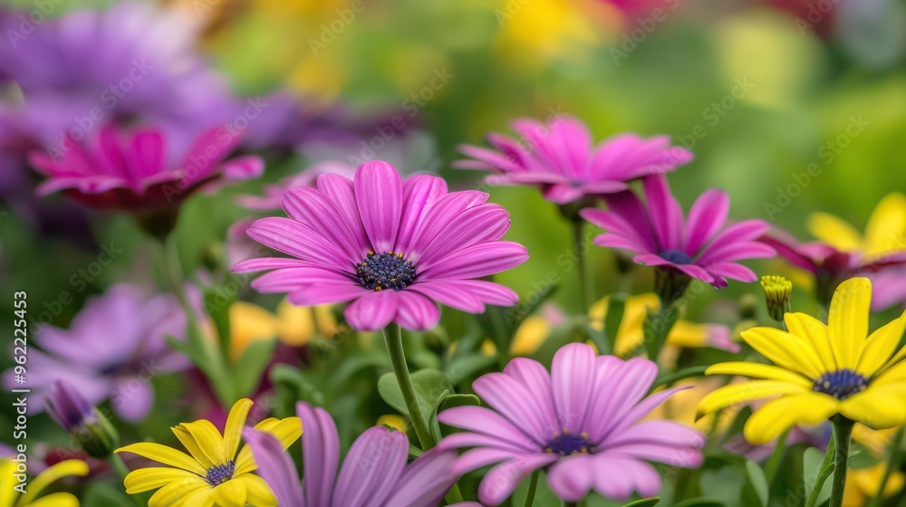 Close up of a purple flower with yellow flowers in the background. Close up of a purple flower with yellow flowers in the background.