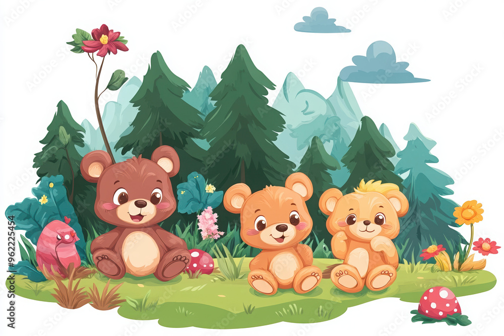 Fototapeta premium bear bears animals wildlife cartoon forest children cute nature colorful illustration playful happy playful bears forest scene cartoon animals family of bears