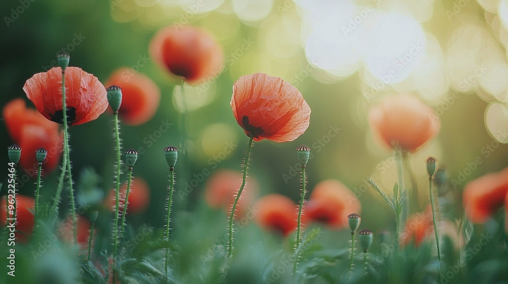 Obraz premium A field of green grass dotted with a cluster of vibrant red flowers, bathed in sunlight filtering from the treetops behind