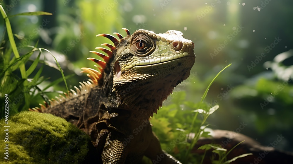 An enchanting view of a reptile in its habitat, emphasizing the natural textures and colors in high-definition An enchanting view of a reptile in its habitat, emphasizing the natural textures and colors in high-definition