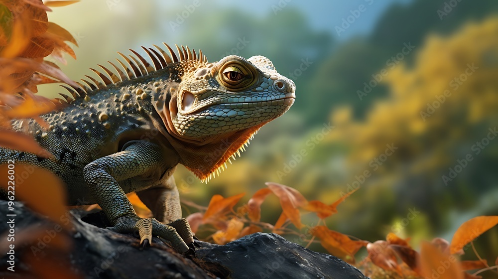 Fototapeta premium An enchanting view of a reptile in its habitat, emphasizing the natural textures and colors in high-definition