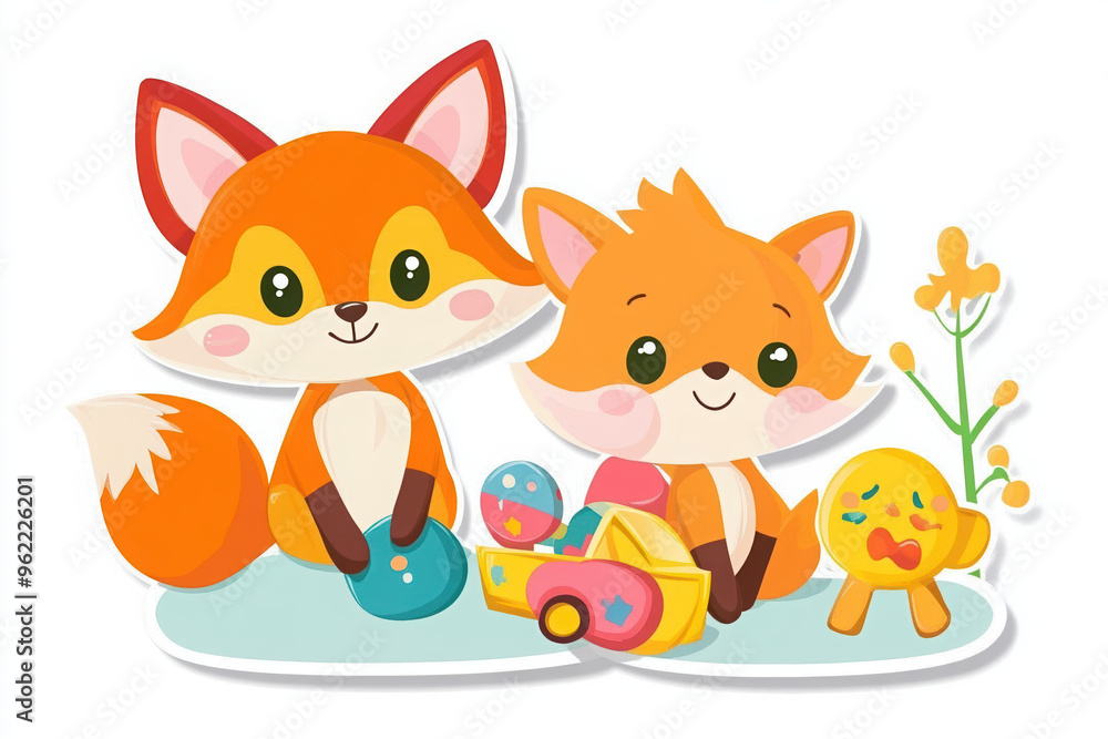Obraz premium cute fox animals balloons party stickers illustration cartoon colorful joyful playful happy children\'s art whimsical decorations birthday nursery decor baby shower
