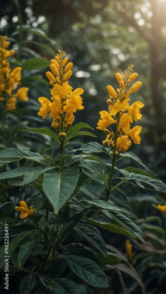 Senna alata flowers and leaves, captured alongside powder on a natural setting. Senna alata flowers and leaves, captured alongside powder on a natural setting.