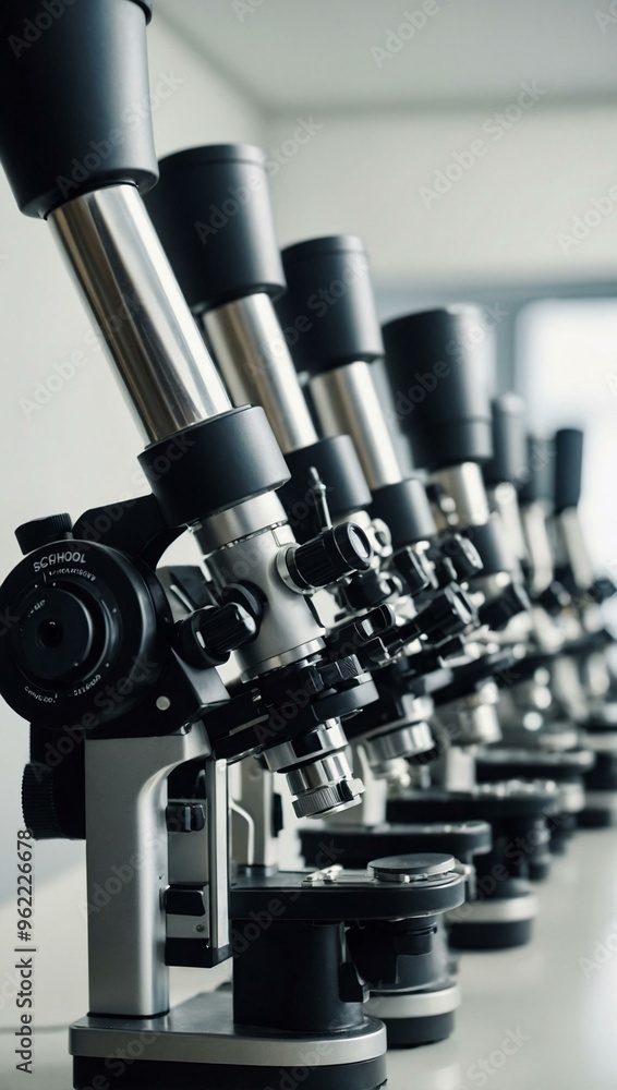 Set of school microscopes lined up, isolated with white highlights. Set of school microscopes lined up, isolated with white highlights.