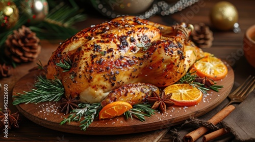 Roasted turkey on table, Christmas and Thanksgiving holiday celrbration dinner, festive meat food photo