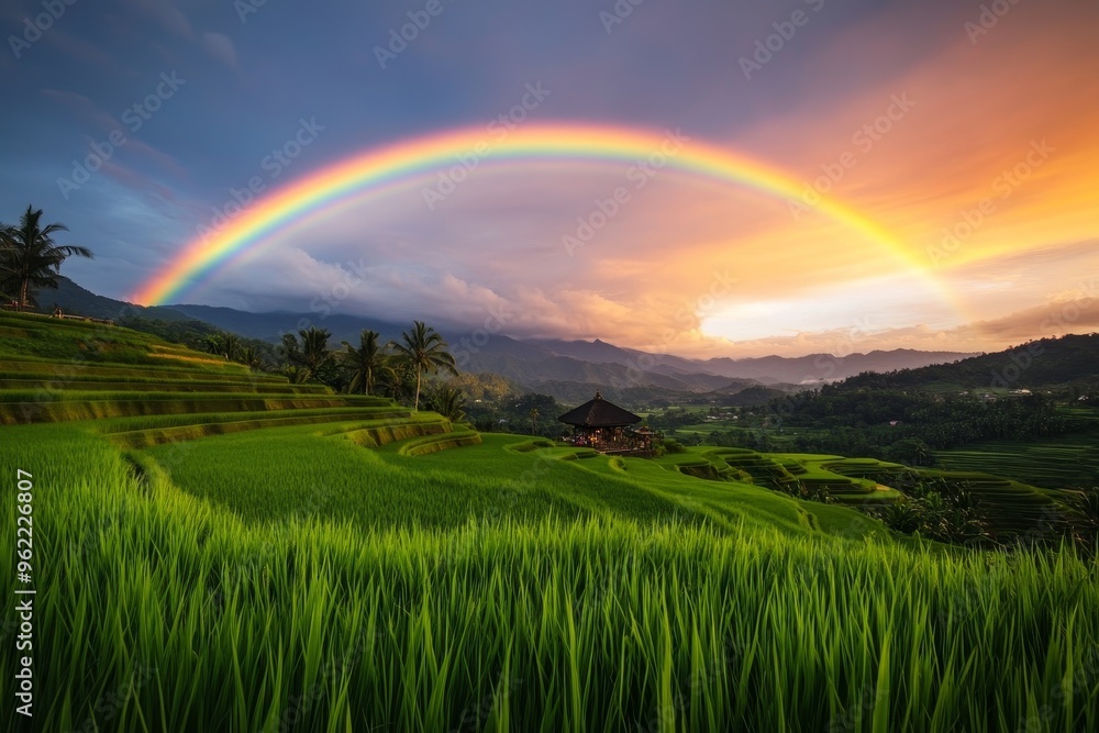 A vibrant rainbow arches over lush green rice terraces, symbolizing hope, beauty, prosperity, and the cycle of nature. A small hut nestled in the landscape suggests harmony between human and nature. A vibrant rainbow arches over lush green rice terraces, symbolizing hope, beauty, prosperity, and the cycle of nature. A small hut nestled in the landscape suggests harmony between human and nature.