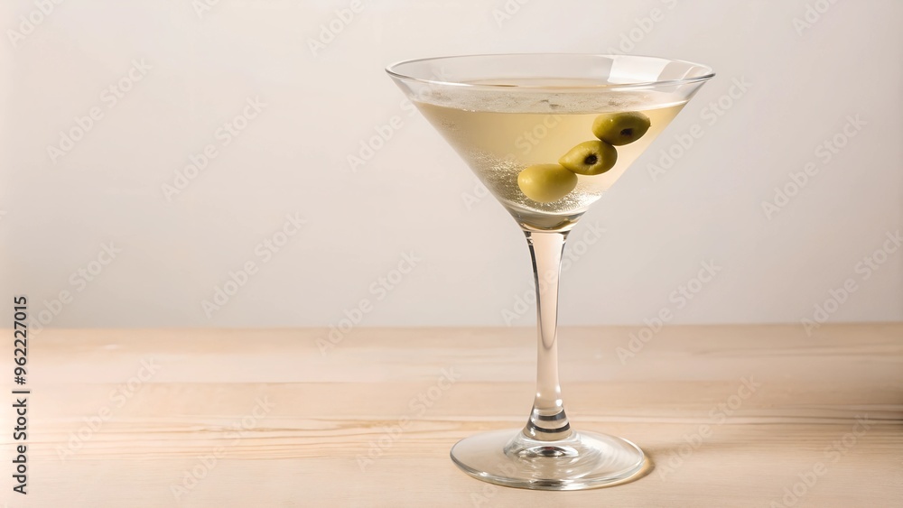A Dirty Martini in a classic martini glass. The pale olive green liquid is slightly cloudy from olive brine. Garnished with green olives on a cocktail pick. Served chilled, near the rim of the glass A Dirty Martini in a classic martini glass. The pale olive green liquid is slightly cloudy from olive brine. Garnished with green olives on a cocktail pick. Served chilled, near the rim of the glass