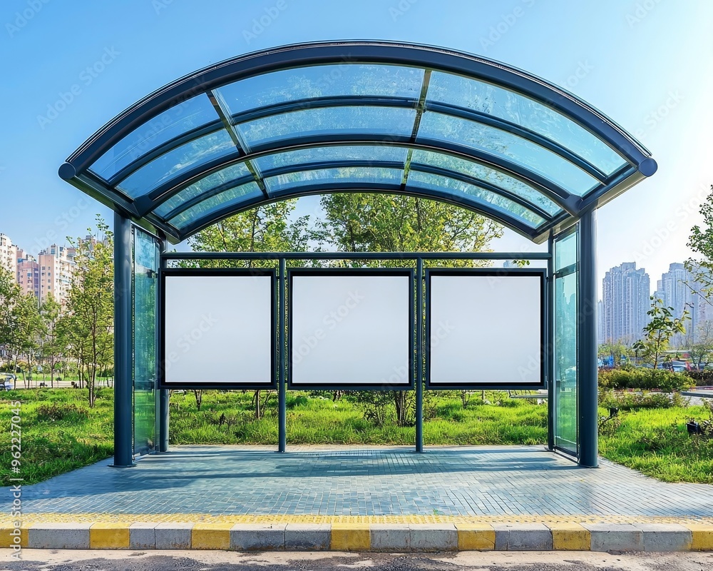 Three Blank Billboards Under Glass Canopy in a Park Near Buildings Low Angle View Urban Perspective Three Blank Billboards Under Glass Canopy in a Park Near Buildings Low Angle View Urban Perspective
