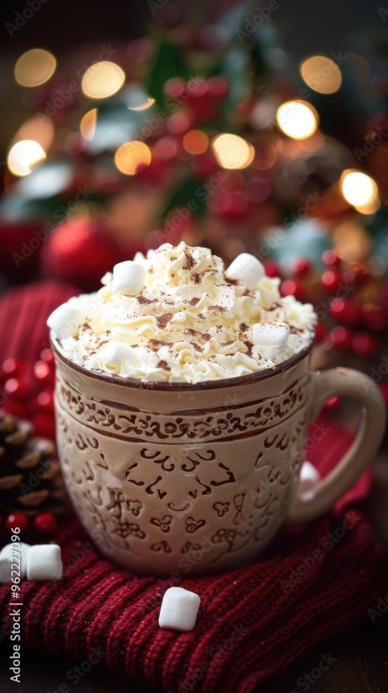 Cup of hot chocolate with marshmallows on top, christmas banner