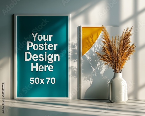 Teal Poster Mockup with Pampas Grass Sunlight Shadows 50x70cm Framed Artwork in Minimalist Interior