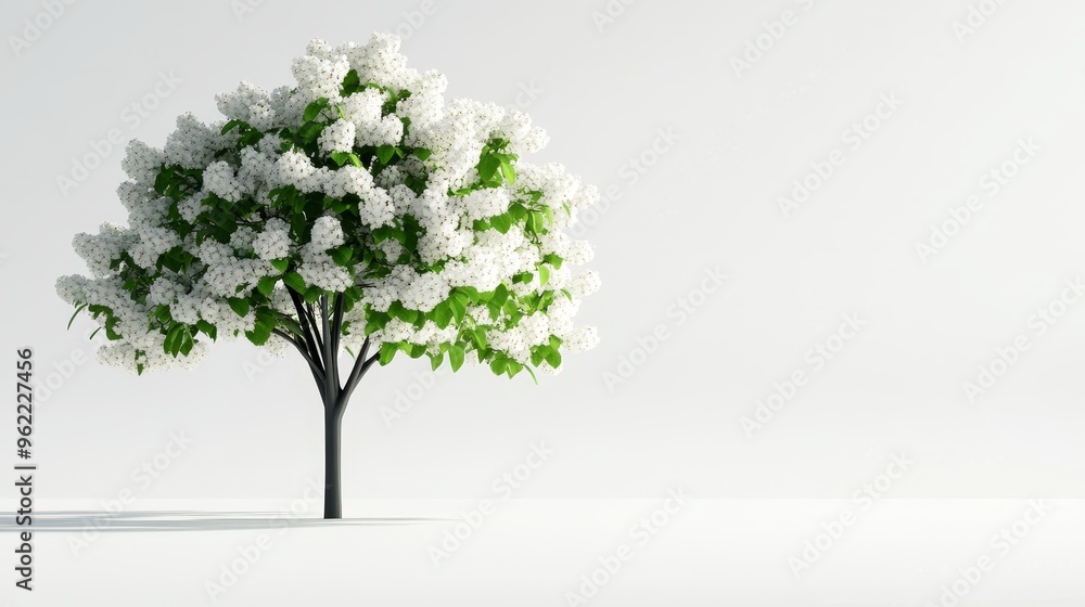 A white blossom tree with green leaves, in 3D against a white background. The tree symbolizes growth, nature, beauty, serenity, and new beginnings. A white blossom tree with green leaves, in 3D against a white background. The tree symbolizes growth, nature, beauty, serenity, and new beginnings.