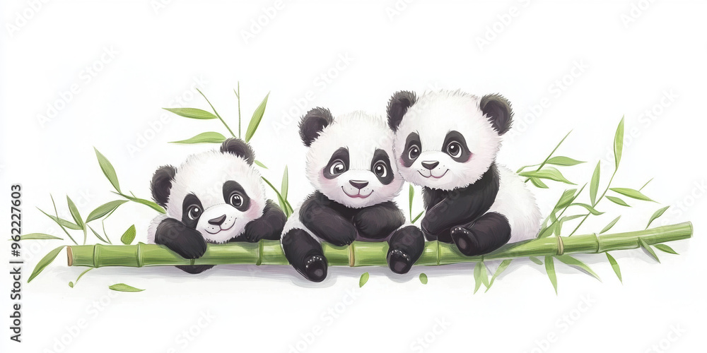 Fototapeta premium panda cute animals nature bamboo wildlife cartoon illustration children playful black and white cuddly art character adorable forest asian furry friends playful pandas 