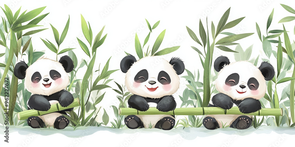 Naklejka premium panda animal cute bamboo bear wildlife cartoon illustration funny teen nature adorable playful drawing forest asian three pandas baby pandas panda family
