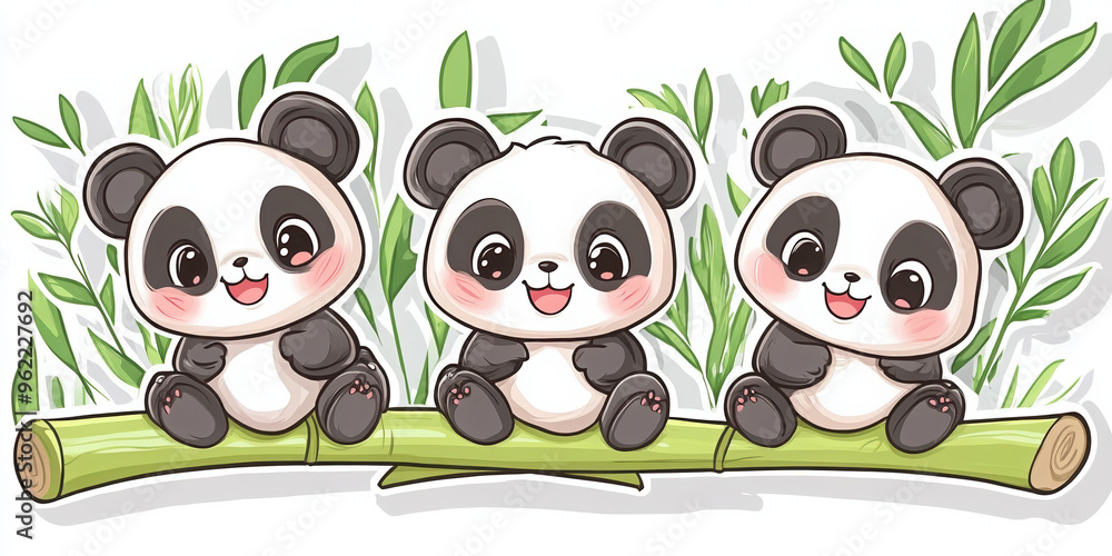 Fototapeta panda cute animals bamboo illustration wildlife cartoon baby pandas nature animal art vector art playful panda family black and white adorable cheerful three pandas forest