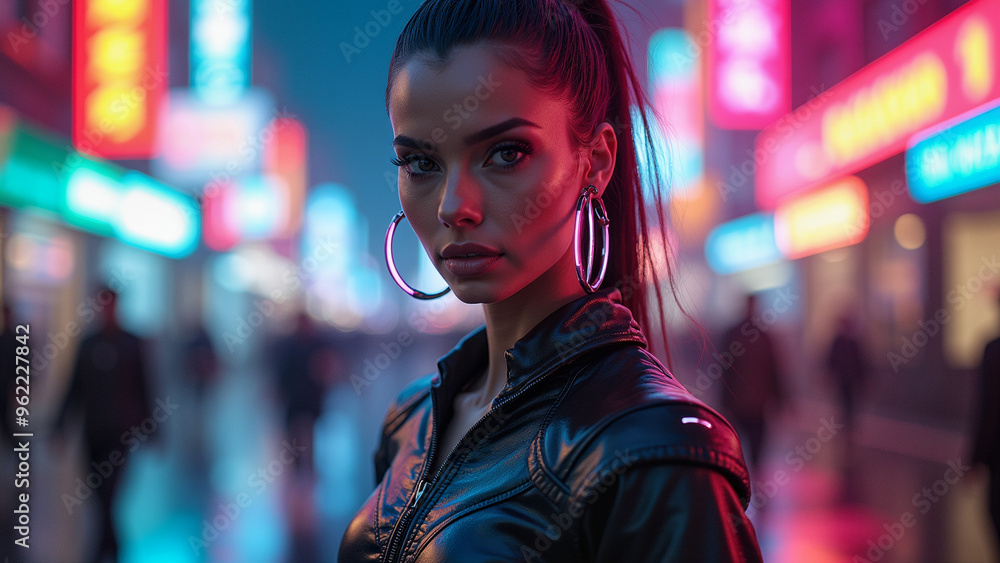 Incredibly beautiful girl in cyberpunk style with Japanese signs on the background. Neon style Incredibly beautiful girl in cyberpunk style with Japanese signs on the background. Neon style