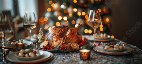 Roasted turkey, Christmas and Thanksgiving holiday celrbration dinner, festive table setting  photo