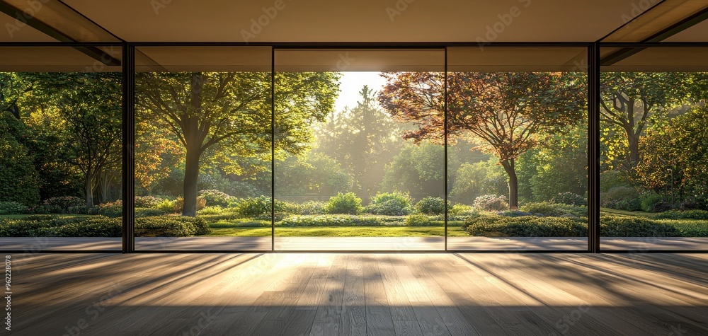 Sundrenched Garden View Through Glass Doors Interior Perspective Sunbeams on Wood Floor Lush Greenery Tranquil Concept Sundrenched Garden View Through Glass Doors Interior Perspective Sunbeams on Wood Floor Lush Greenery Tranquil Concept